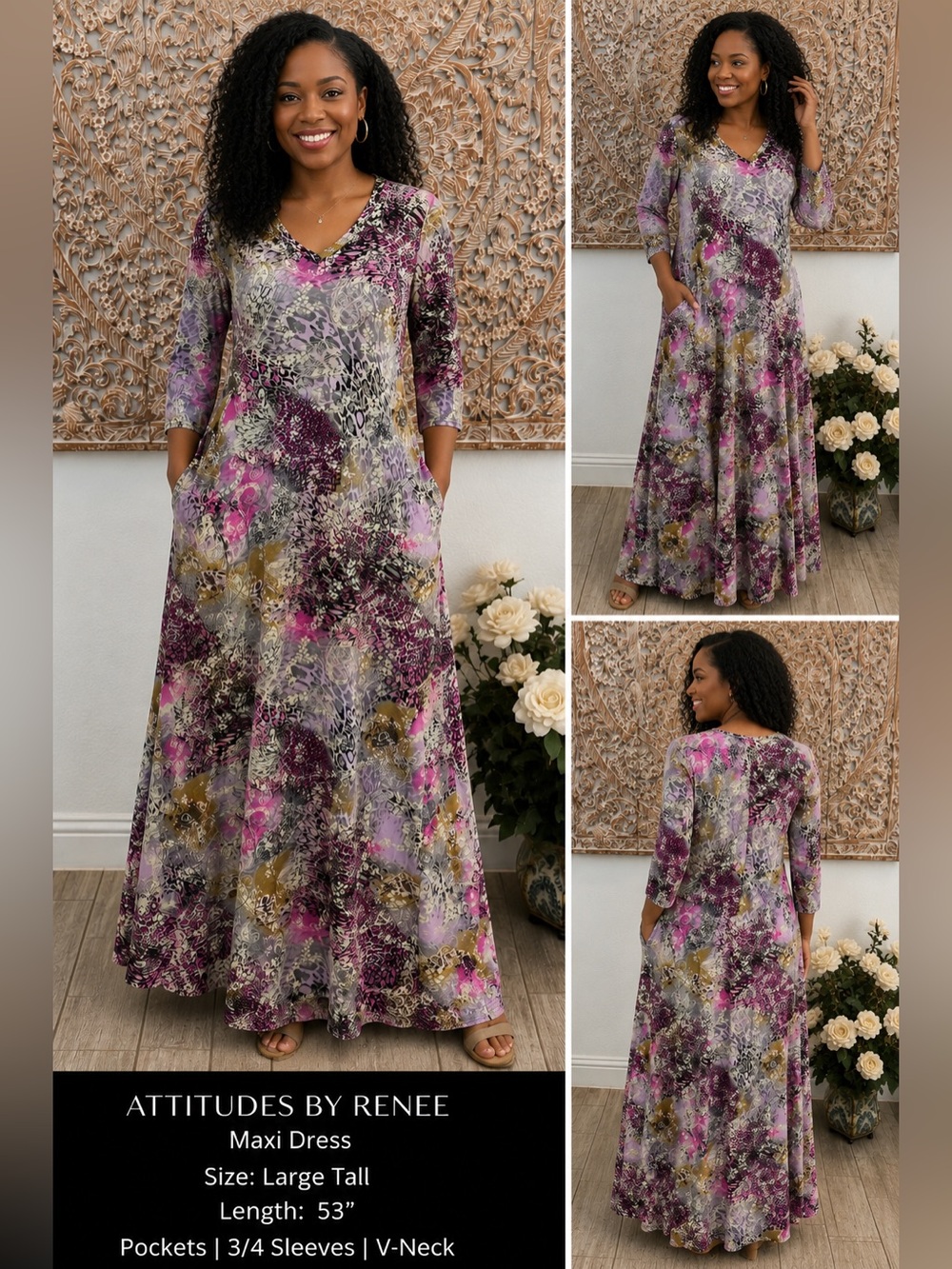 Attitudes by Renee Mixed Print V-Neck Maxi Dress - Pink, Olive, Black